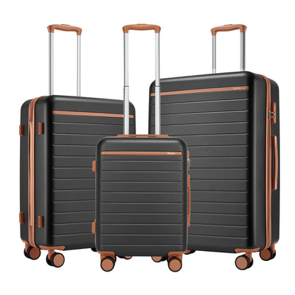 Kono Scratch-Resistant 3-Piece Hard Shell Luggage Set with Horizontal Stripe Design, Brown Accents & Spinner Wheels (KSK2584) - Grey & Brown