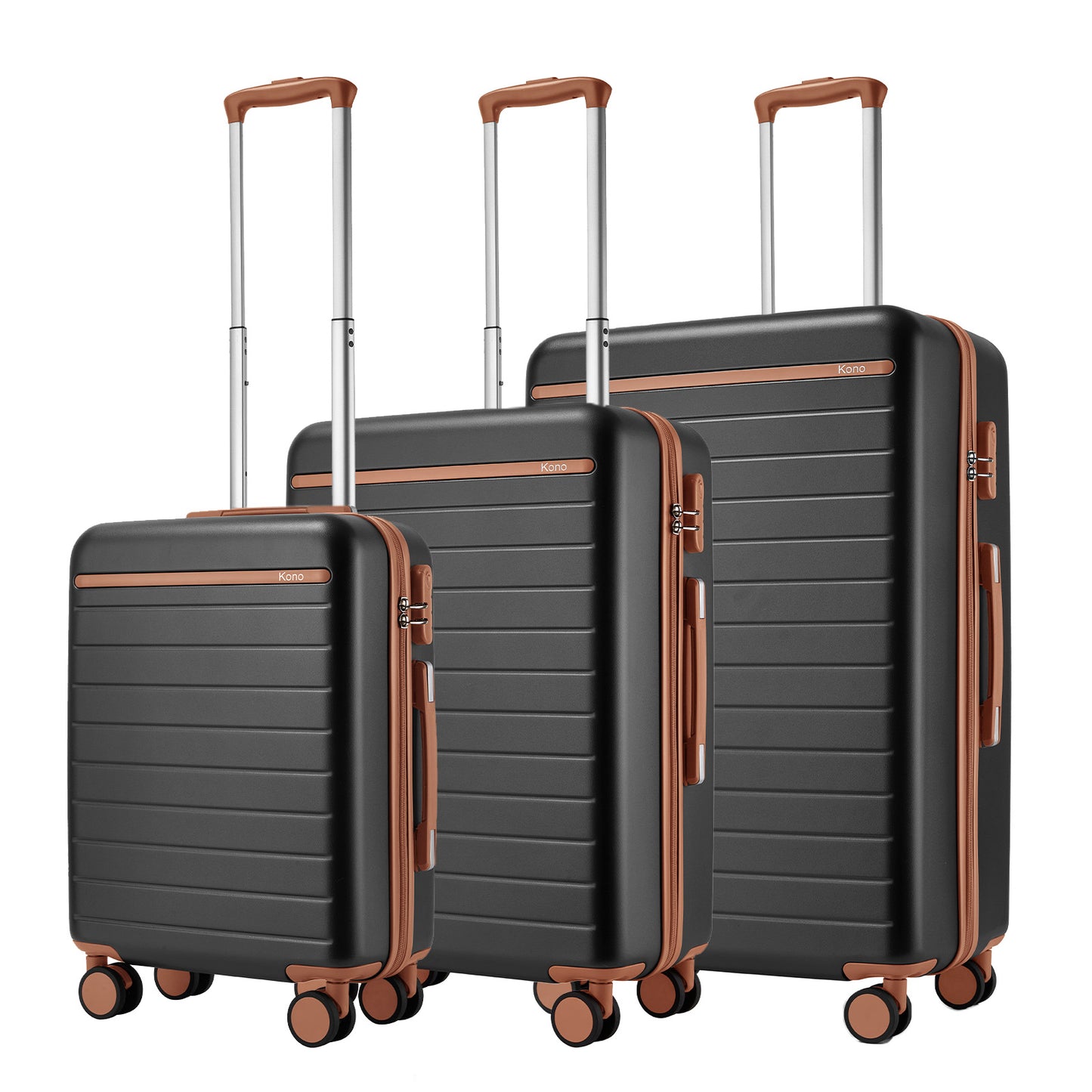 Kono Scratch-Resistant 3-Piece Hard Shell Luggage Set with Horizontal Stripe Design, Brown Accents & Spinner Wheels (KSK2584) - Grey & Brown