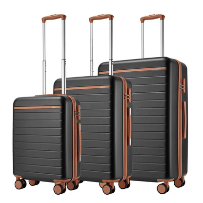 Kono Scratch-Resistant 3-Piece Hard Shell Luggage Set with Horizontal Stripe Design, Brown Accents & Spinner Wheels (KSK2584) - Grey & Brown