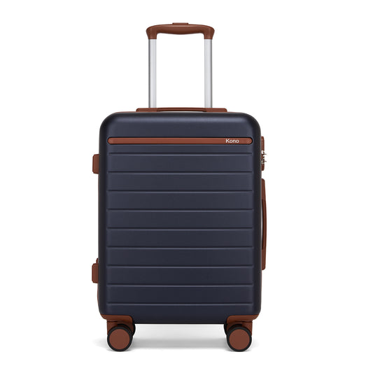 Kono Scratch-Resistant Hard Shell Cabin Suitcase with Horizontal Stripe Design, Brown Accents & Spinner Wheels (KSK2584) - Navy & Brown