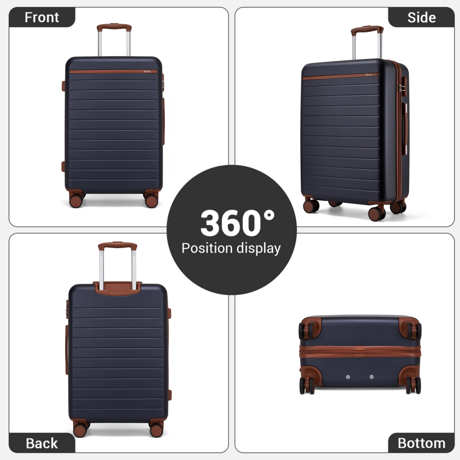 Kono Scratch-Resistant Hard Shell Cabin Suitcase with Horizontal Stripe Design, Brown Accents & Spinner Wheels (KSK2584) - Navy & Brown