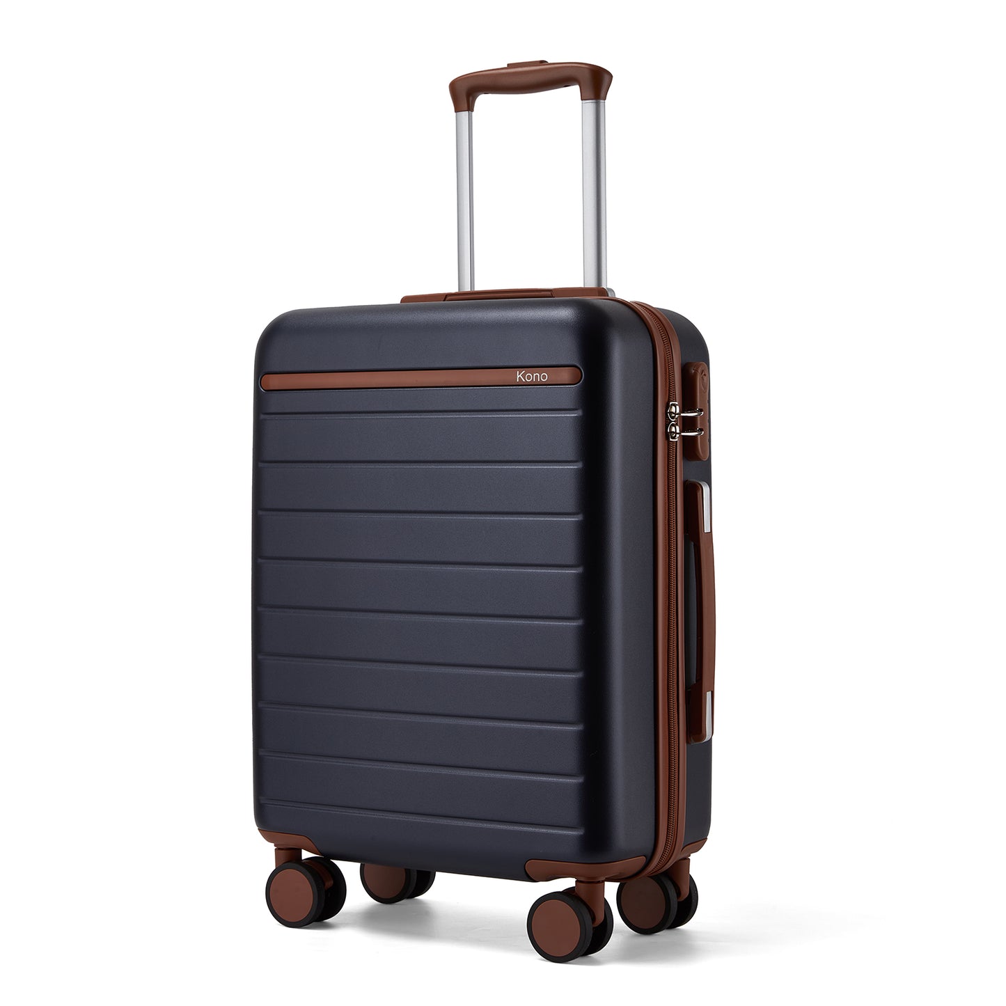 Kono Scratch-Resistant Hard Shell Cabin Suitcase with Horizontal Stripe Design, Brown Accents & Spinner Wheels (KSK2584) - Navy & Brown