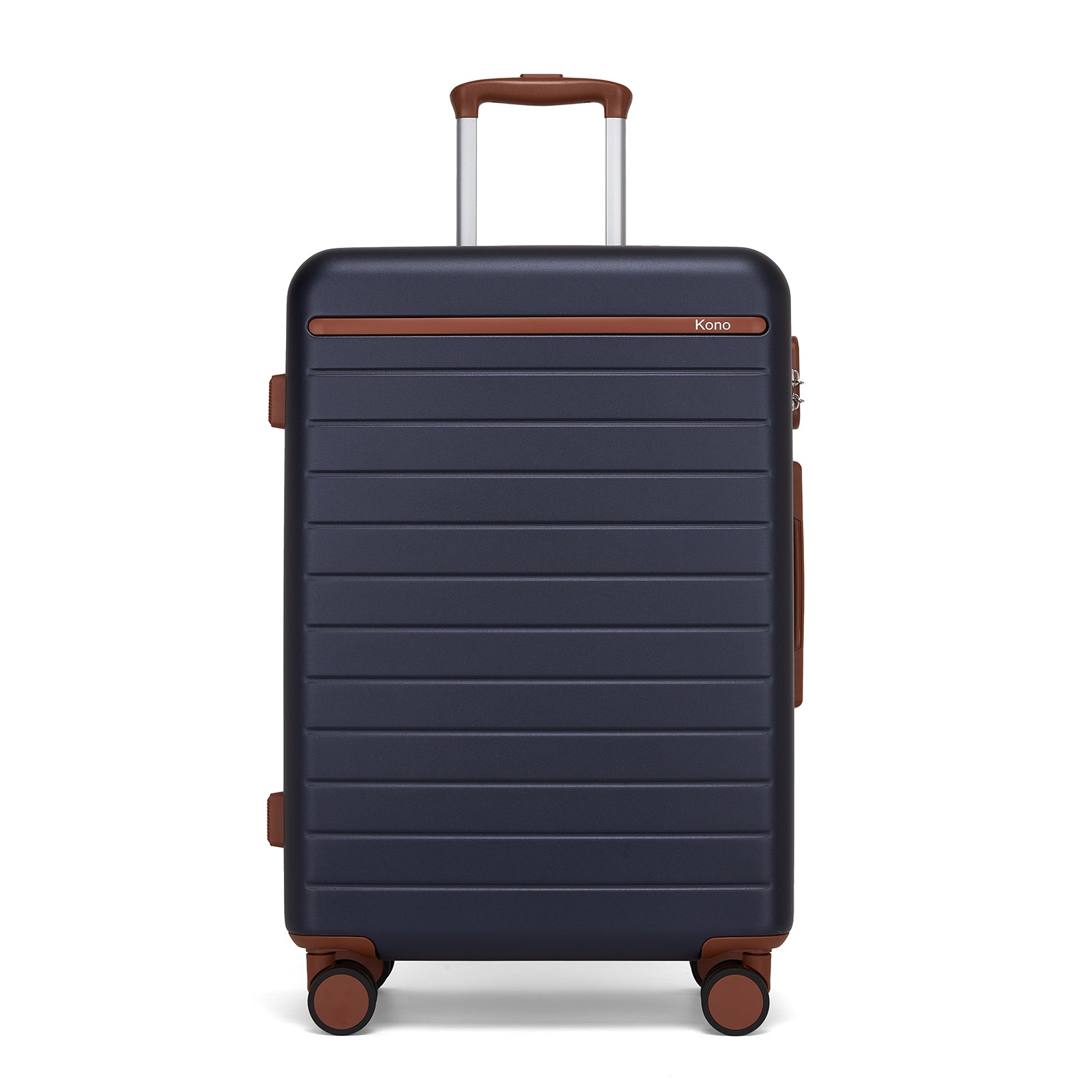 Kono Scratch-Resistant Hard Shell Cabin Suitcase with Horizontal Stripe Design, Brown Accents & Spinner Wheels (KSK2584) - Navy & Brown