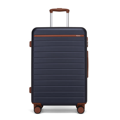 Kono Scratch-Resistant Hard Shell Cabin Suitcase with Horizontal Stripe Design, Brown Accents & Spinner Wheels (KSK2584) - Navy & Brown