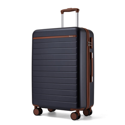Kono Scratch-Resistant Hard Shell Cabin Suitcase with Horizontal Stripe Design, Brown Accents & Spinner Wheels (KSK2584) - Navy & Brown