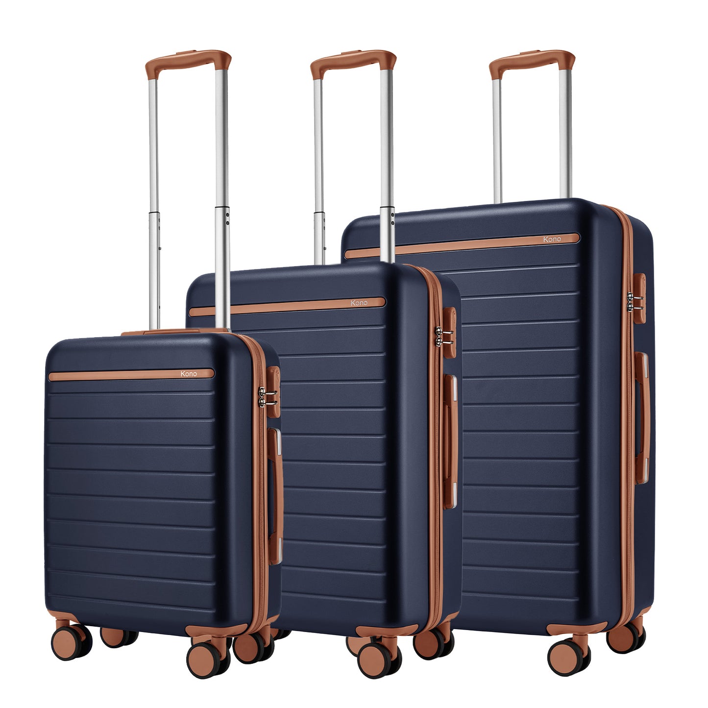 Kono Scratch-Resistant 3-Piece Hard Shell Luggage Set with Horizontal Stripe Design, Brown Accents & Spinner Wheels (KSK2584) - Navy & Brown