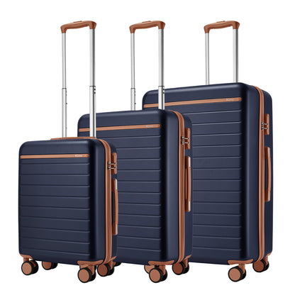 Kono Scratch-Resistant 3-Piece Hard Shell Luggage Set with Horizontal Stripe Design, Brown Accents & Spinner Wheels (KSK2584) - Navy & Brown
