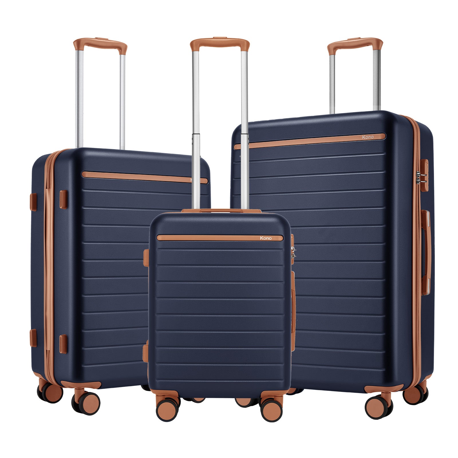 Kono Scratch-Resistant 3-Piece Hard Shell Luggage Set with Horizontal Stripe Design, Brown Accents & Spinner Wheels (KSK2584) - Navy & Brown