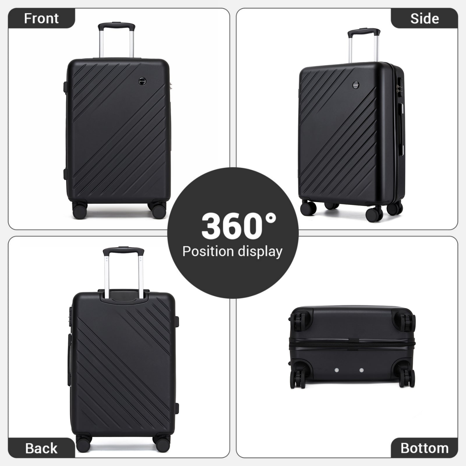 Kono ABS+PC Hard Shell Luggage, Diagonal Stripe Lightweight Travel Suitcase with Silent Spinner Wheels & Organised Interior (KSK2585) - Black