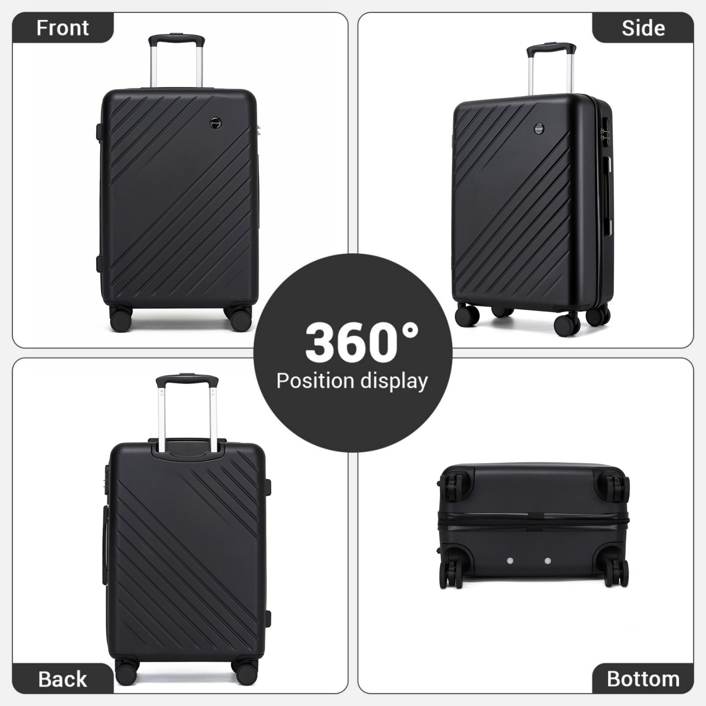 Kono ABS+PC Hard Shell 3 Piece Luggage Set (20/24/28 Inch) with Diagonal Strap, Silent Wheels & Complete Travel Solution (KSK2585) - Black