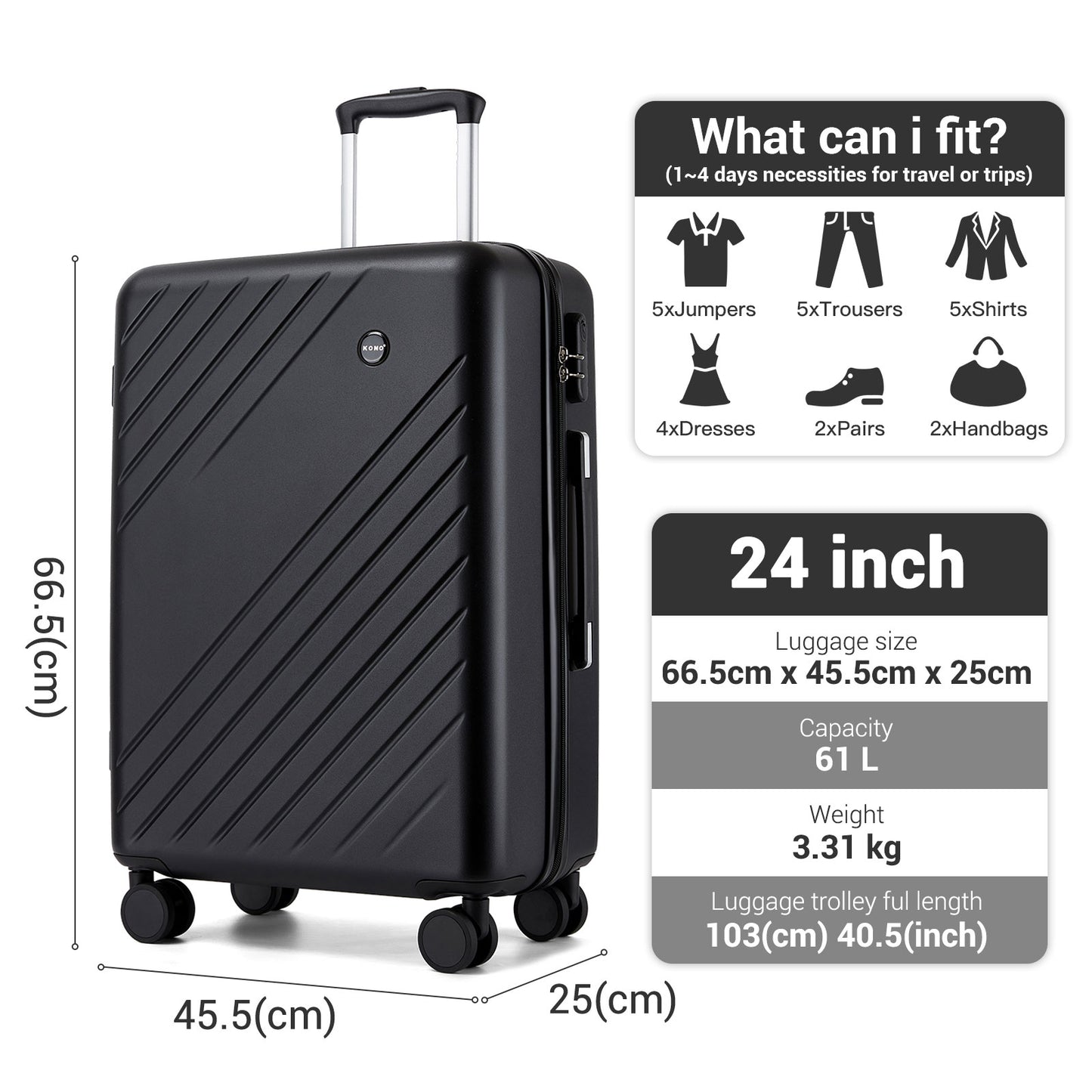 Kono ABS+PC Hard Shell Luggage, Diagonal Stripe Lightweight Travel Suitcase with Silent Spinner Wheels & Organised Interior (KSK2585) - Black