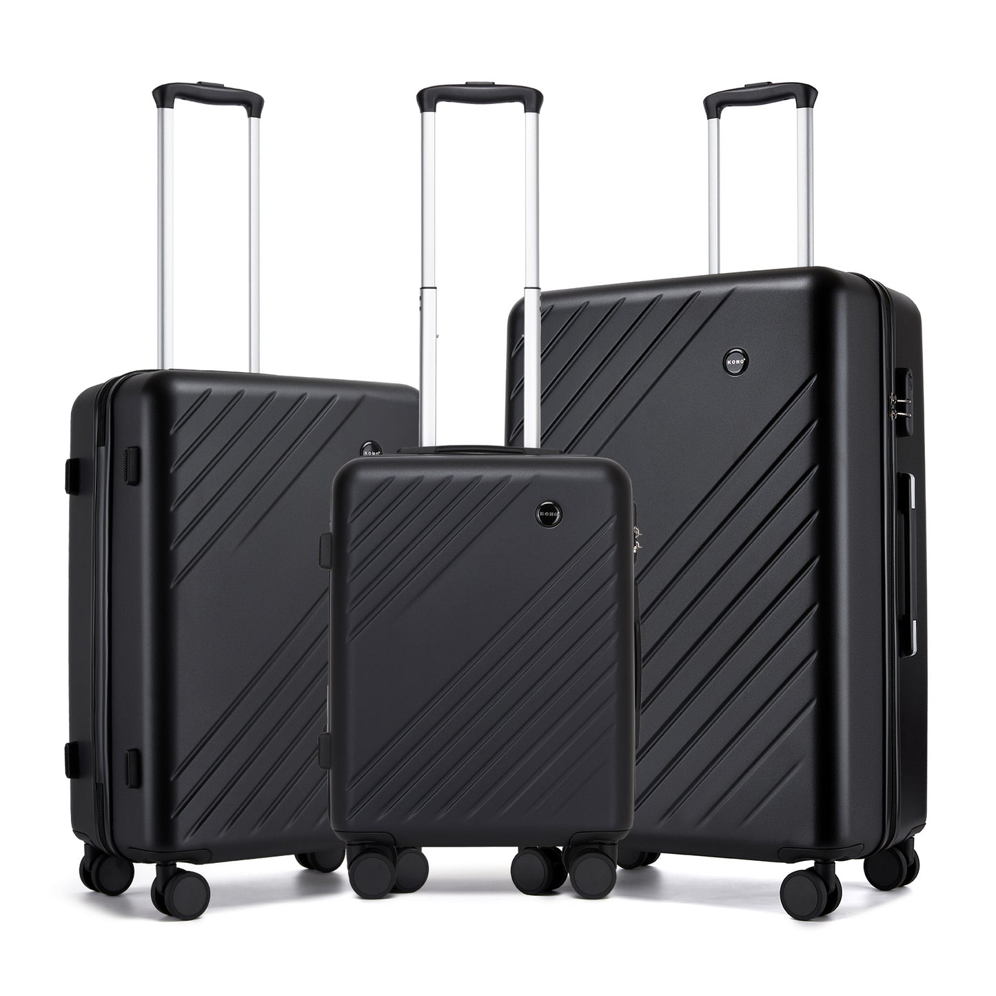 Kono ABS+PC Hard Shell 3 Piece Luggage Set (20/24/28 Inch) with Diagonal Strap, Silent Wheels & Complete Travel Solution (KSK2585) - Black