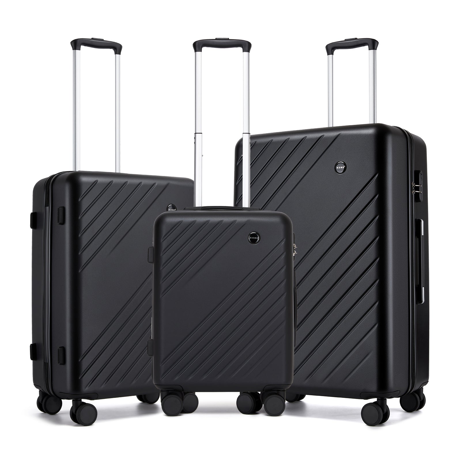 Kono ABS+PC Hard Shell 3 Piece Luggage Set (20/24/28 Inch) with Diagonal Strap, Silent Wheels & Complete Travel Solution (KSK2585) - Black