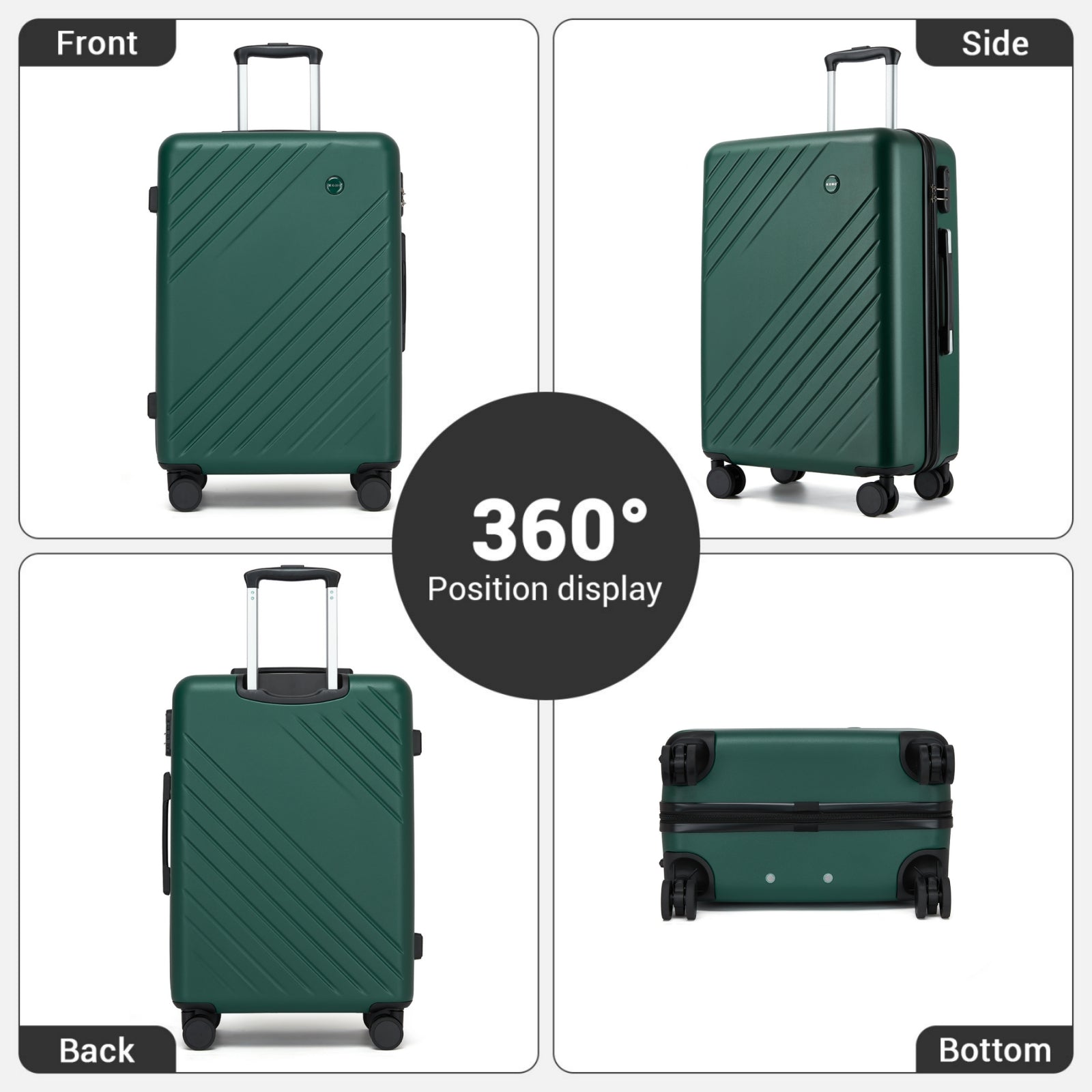 Kono ABS+PC Hard Shell Luggage, Diagonal Stripe Lightweight Travel Suitcase with Silent Spinner Wheels & Organised Interior (KSK2585) - Green