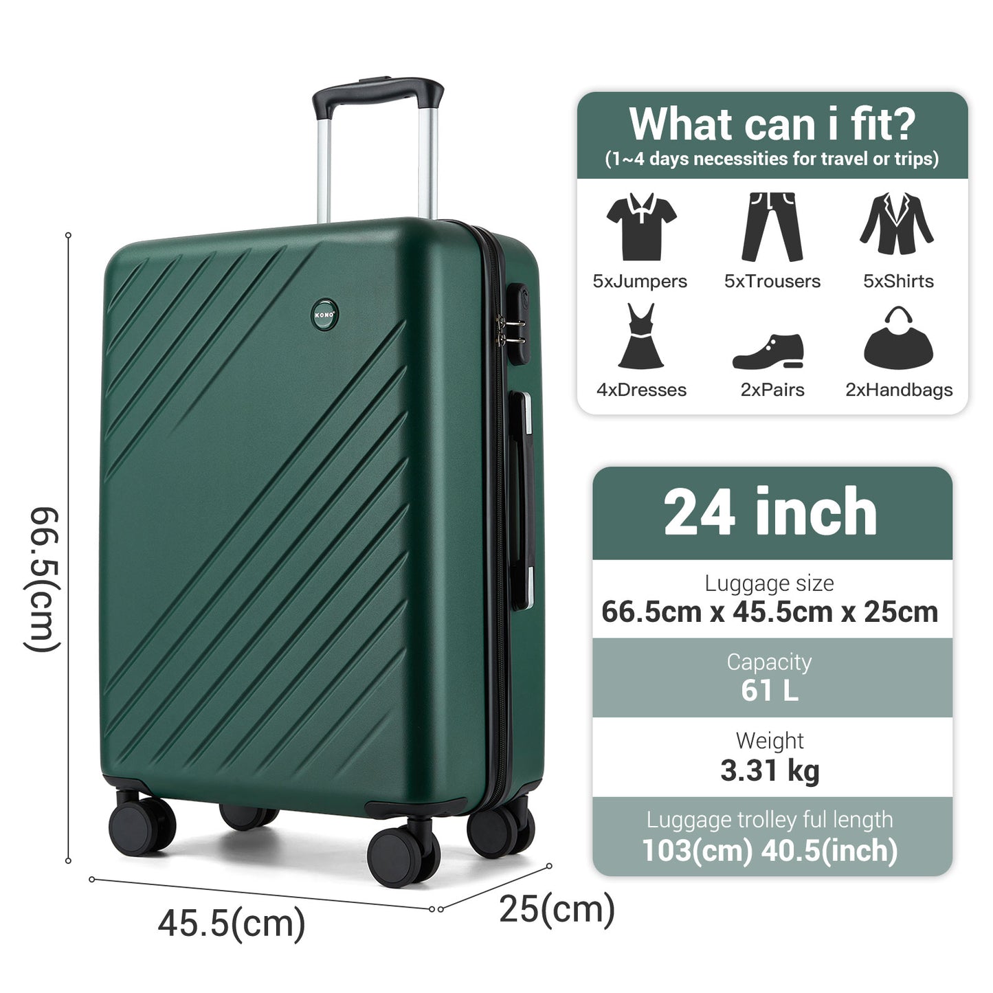 Kono ABS+PC Hard Shell Luggage, Diagonal Stripe Lightweight Travel Suitcase with Silent Spinner Wheels & Organised Interior (KSK2585) - Green