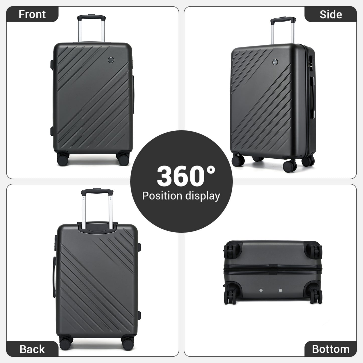 Kono ABS+PC Hard Shell Luggage, Diagonal Stripe Lightweight Travel Suitcase with Silent Spinner Wheels & Organised Interior (KSK2585) - Grey