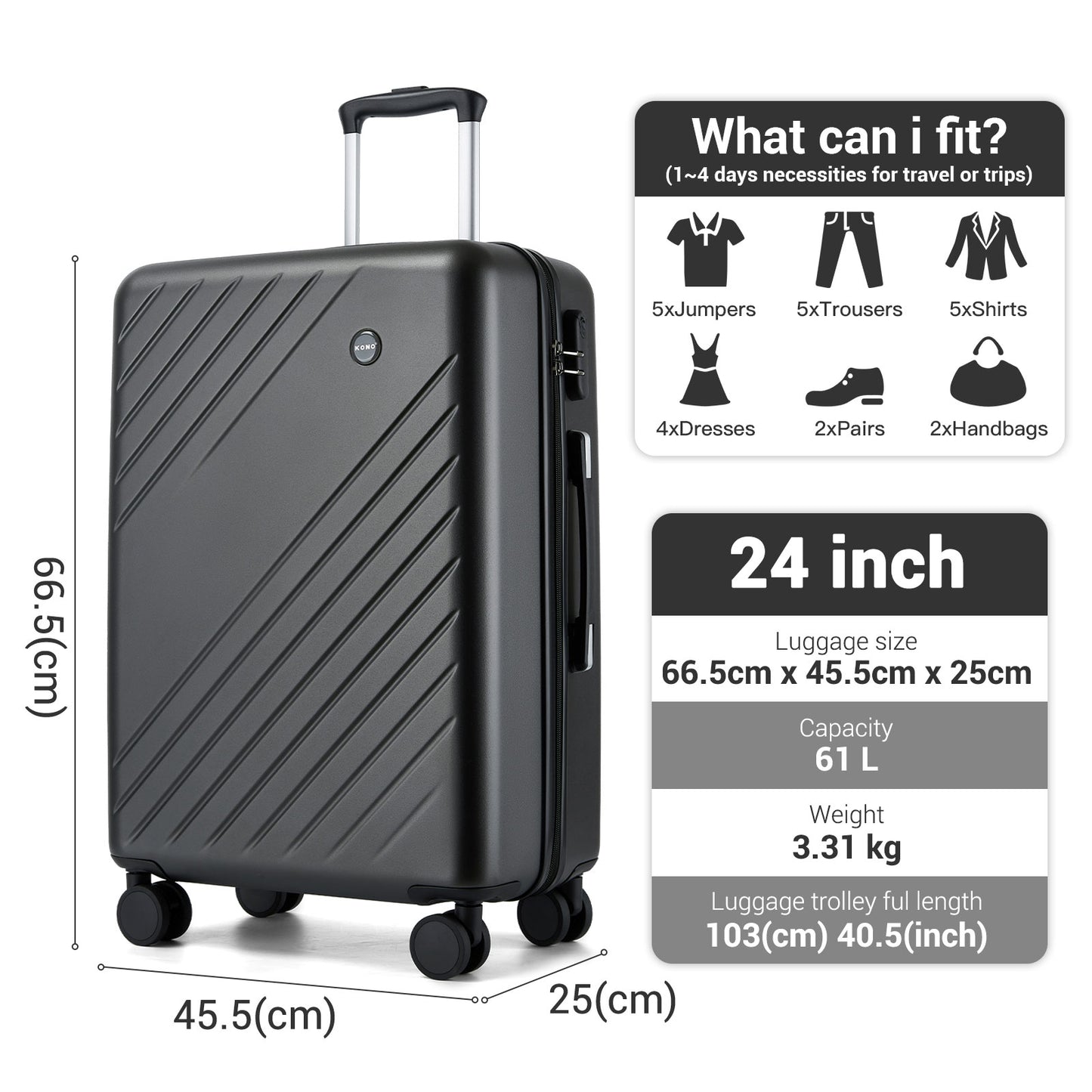 Kono ABS+PC Hard Shell Luggage, Diagonal Stripe Lightweight Travel Suitcase with Silent Spinner Wheels & Organised Interior (KSK2585) - Grey