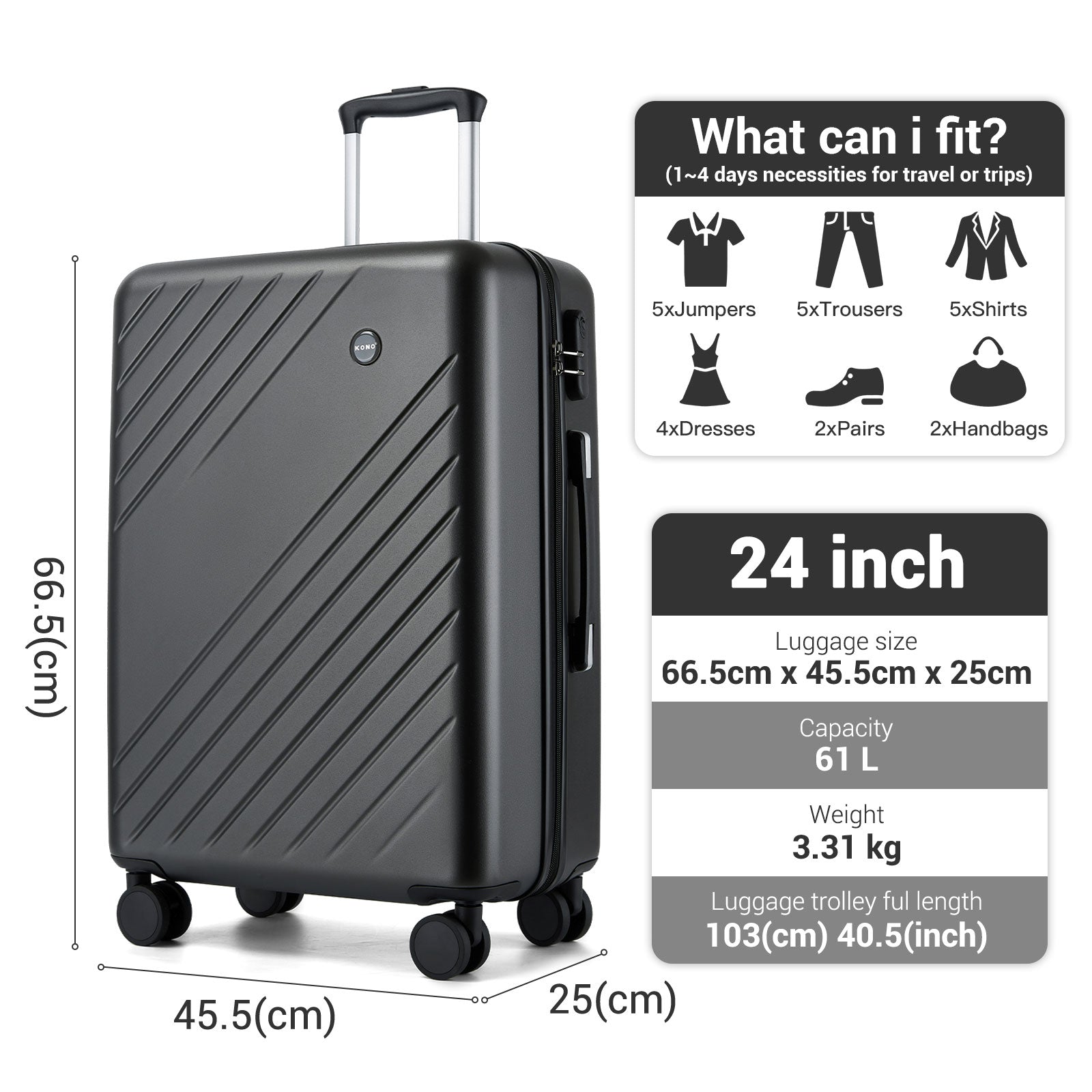 Kono ABS+PC Hard Shell Luggage, Diagonal Stripe Lightweight Travel Suitcase with Silent Spinner Wheels & Organised Interior (KSK2585) - Grey
