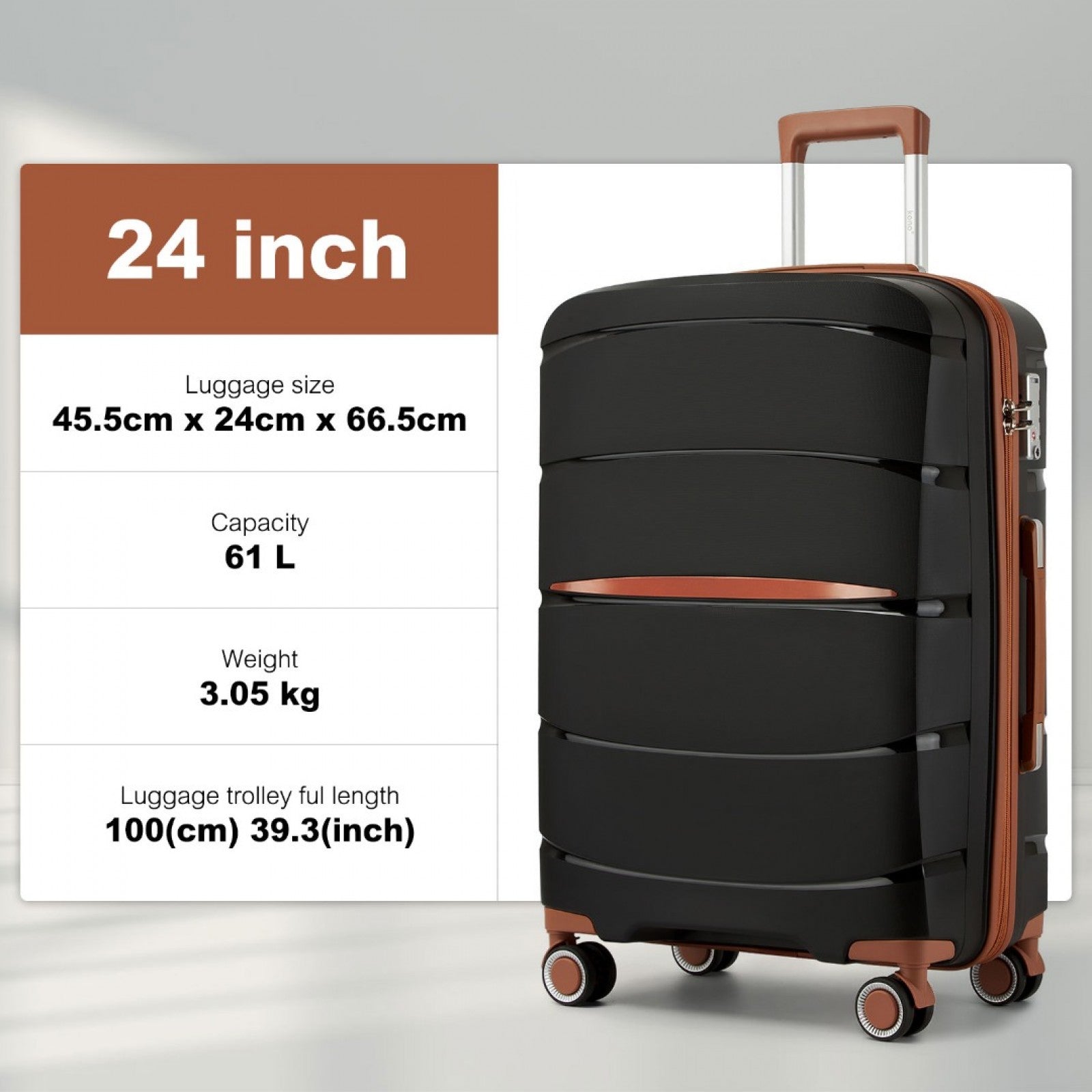Kono PP Modern Scratch-Resistant Cabin Suitcase with TSA Lock & Stylish Brown Accents (KSK2591) - Black & Brown