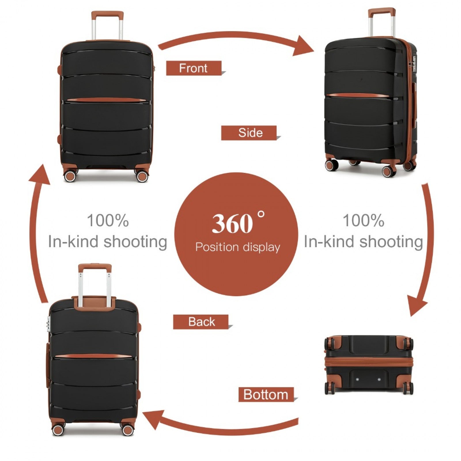 Kono PP Modern Scratch-Resistant Cabin Suitcase with TSA Lock & Stylish Brown Accents (KSK2591) - Black & Brown