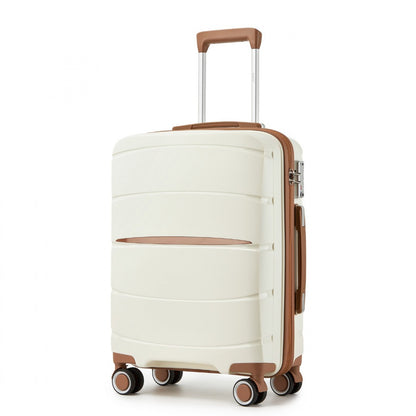 Kono PP Modern Scratch-Resistant Cabin Suitcase with TSA Lock & Stylish Brown Accents (KSK2591) - Cream & Brown