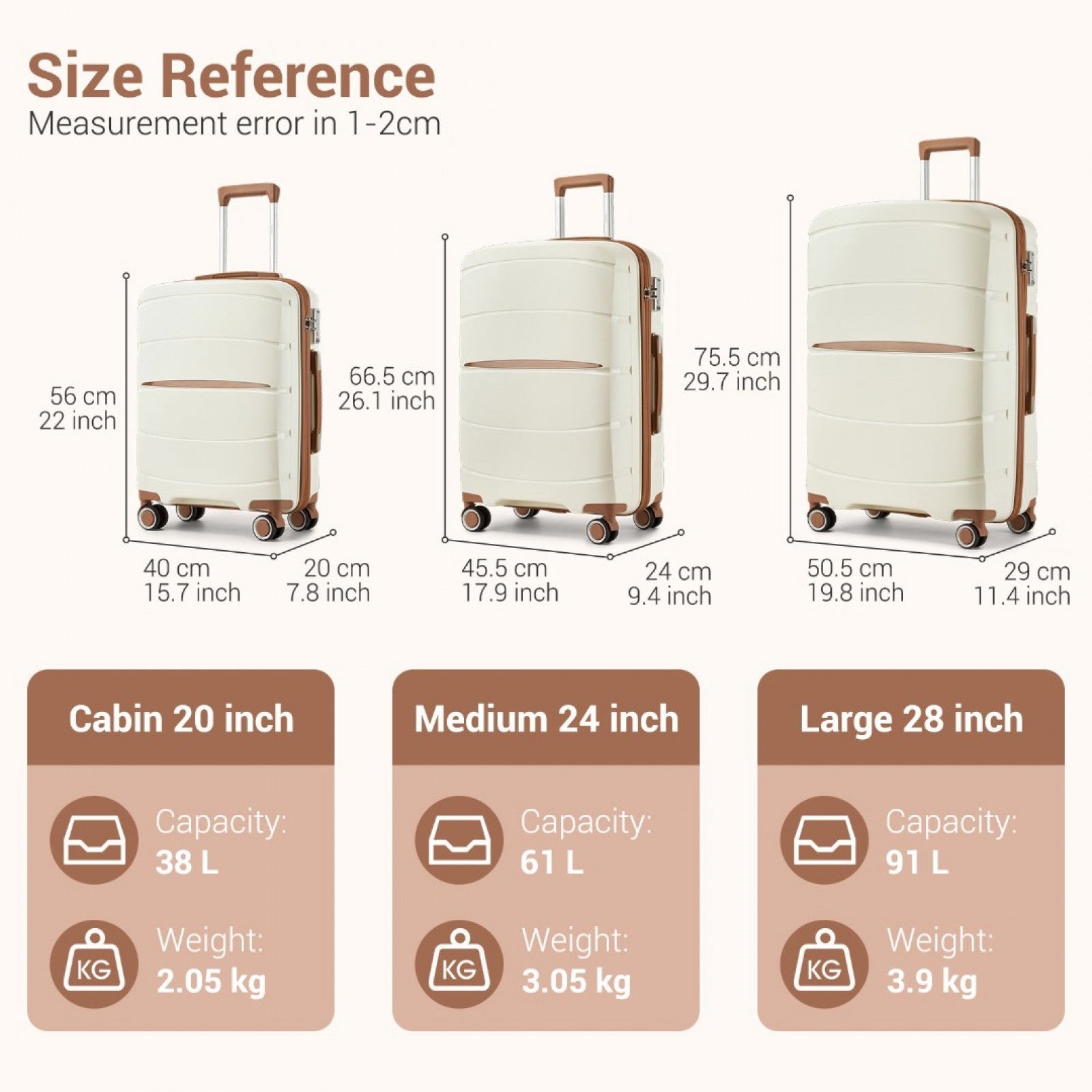 20″, 24″ & 28″ Scratch‑Resistant Suitcase Set with TSA Lock – Cream & Brown