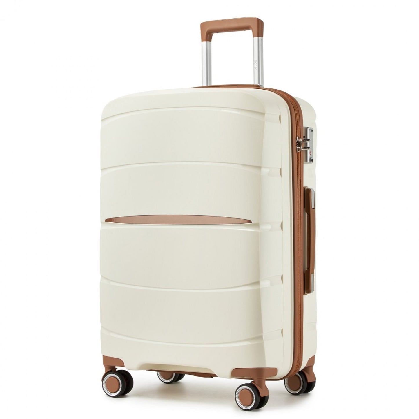 Kono 20/24/28 inch PP Modern Scratch-Resistant Suitcase Set with TSA Lock & Stylish Brown Accents (KSK2591) - Cream & Brown