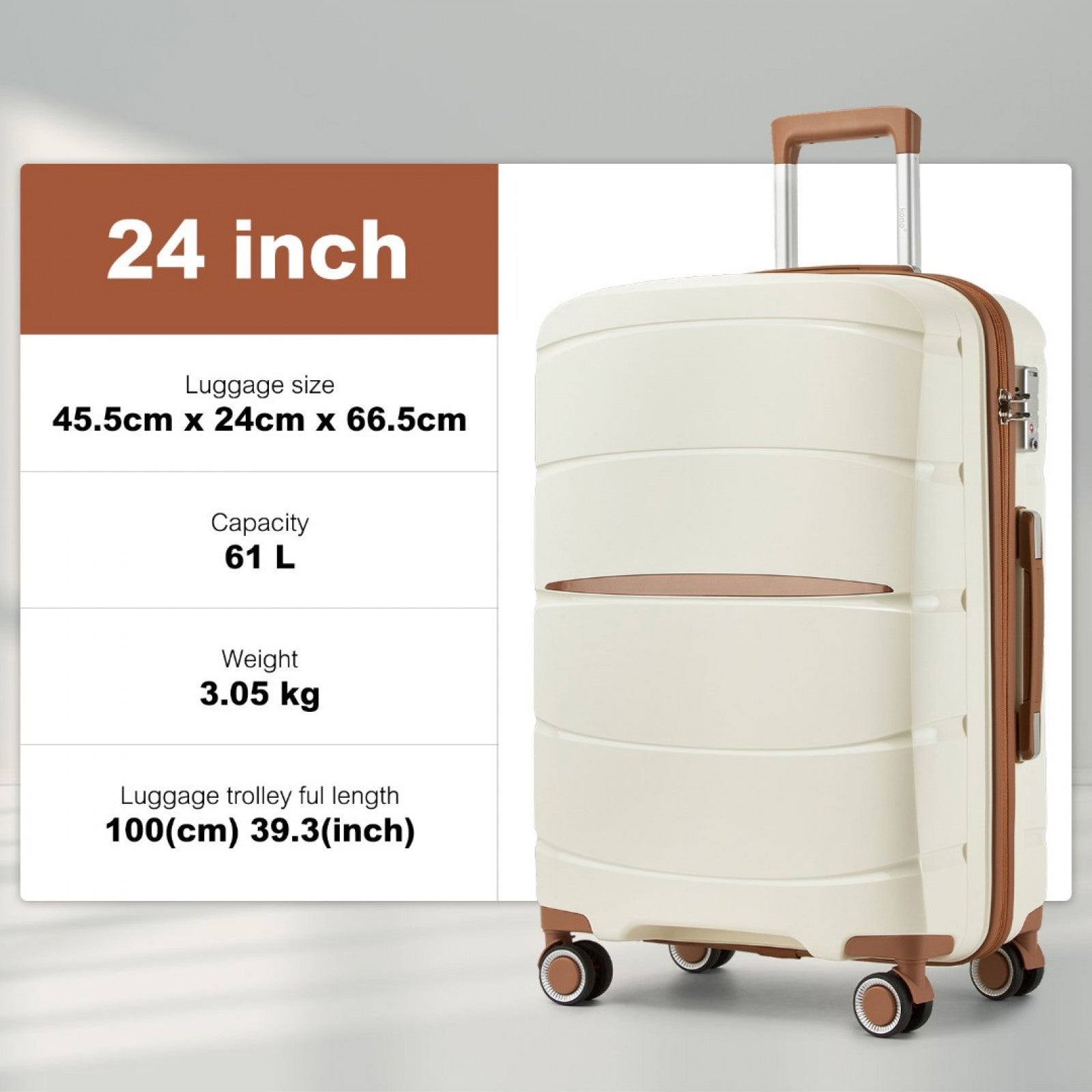 Kono PP Modern Scratch-Resistant Cabin Suitcase with TSA Lock & Stylish Brown Accents (KSK2591) - Cream & Brown