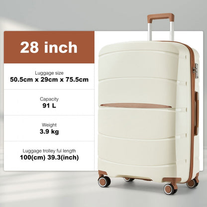 Kono PP Modern Scratch-Resistant Cabin Suitcase with TSA Lock & Stylish Brown Accents (KSK2591) - Cream & Brown
