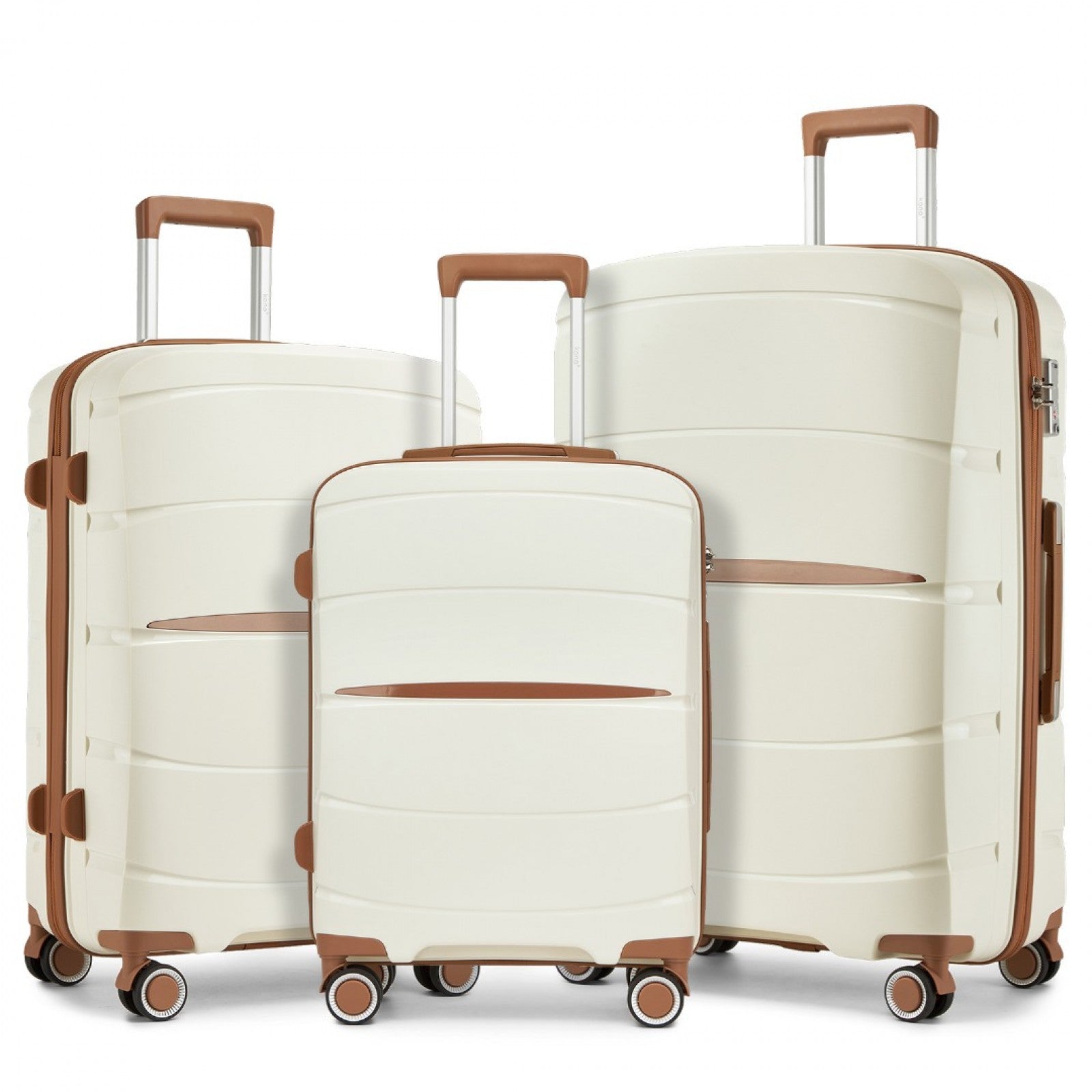 Kono 20/24/28 inch PP Modern Scratch-Resistant Suitcase Set with TSA Lock & Stylish Brown Accents (KSK2591) - Cream & Brown