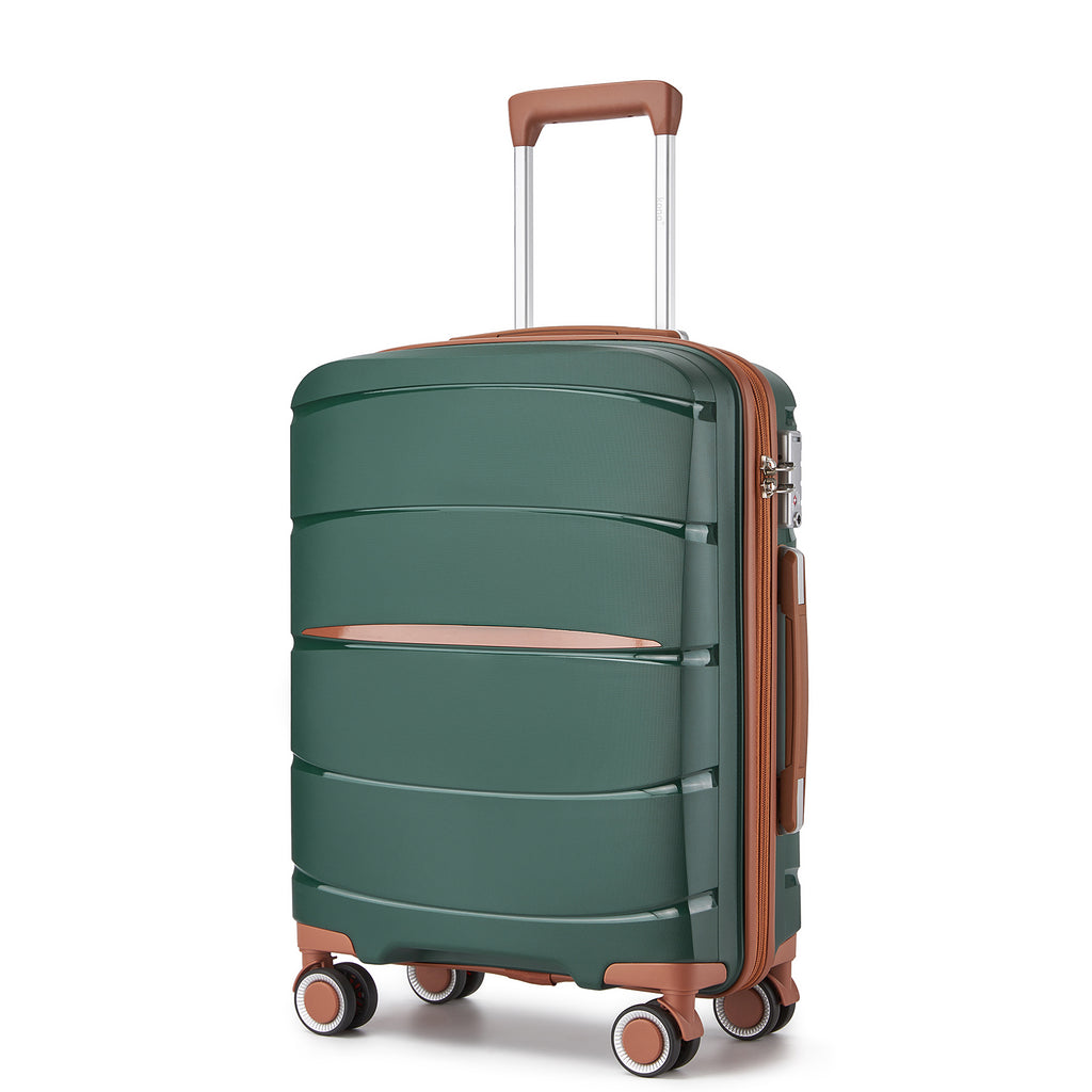 Travel-ready green cabin suitcase with secure packing straps