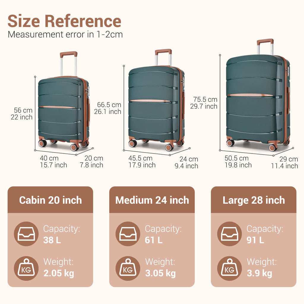 20″, 24″ & 28″ Scratch‑Resistant Suitcase Set with TSA Lock – Green & Brown