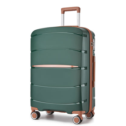 Kono 20/24/28 inch PP Modern Scratch-Resistant Suitcase Set with TSA Lock & Stylish Brown Accents (KSK2591) - Green & Brown