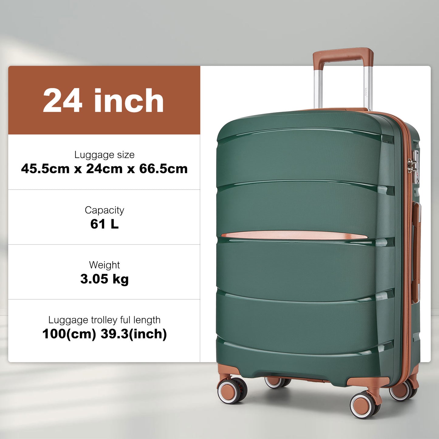 Kono PP Modern Scratch-Resistant Cabin Suitcase with TSA Lock & Stylish Brown Accents (KSK2591) - Green & Brown