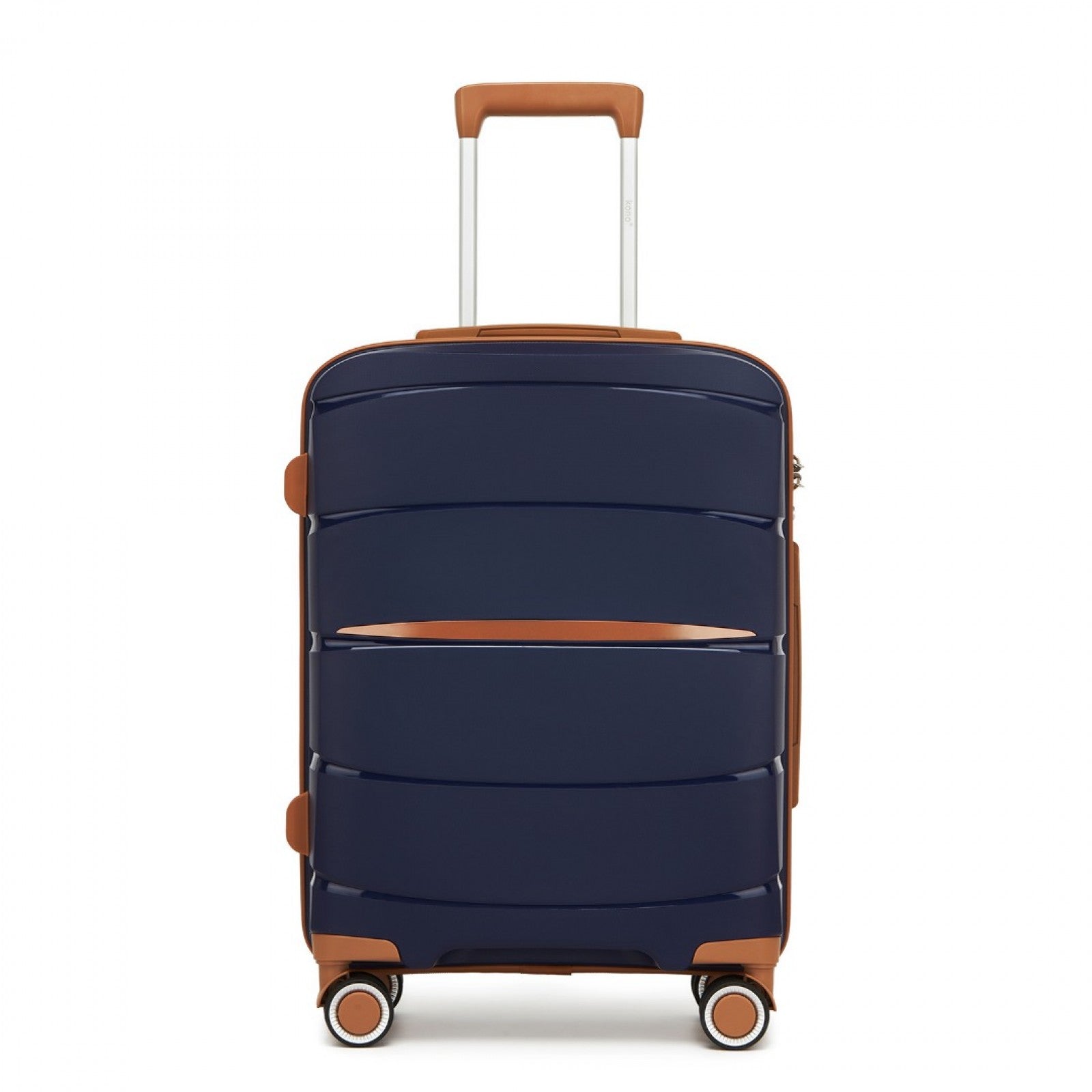 Navy & brown hard shell carry-on suitcase with smooth spinner wheels