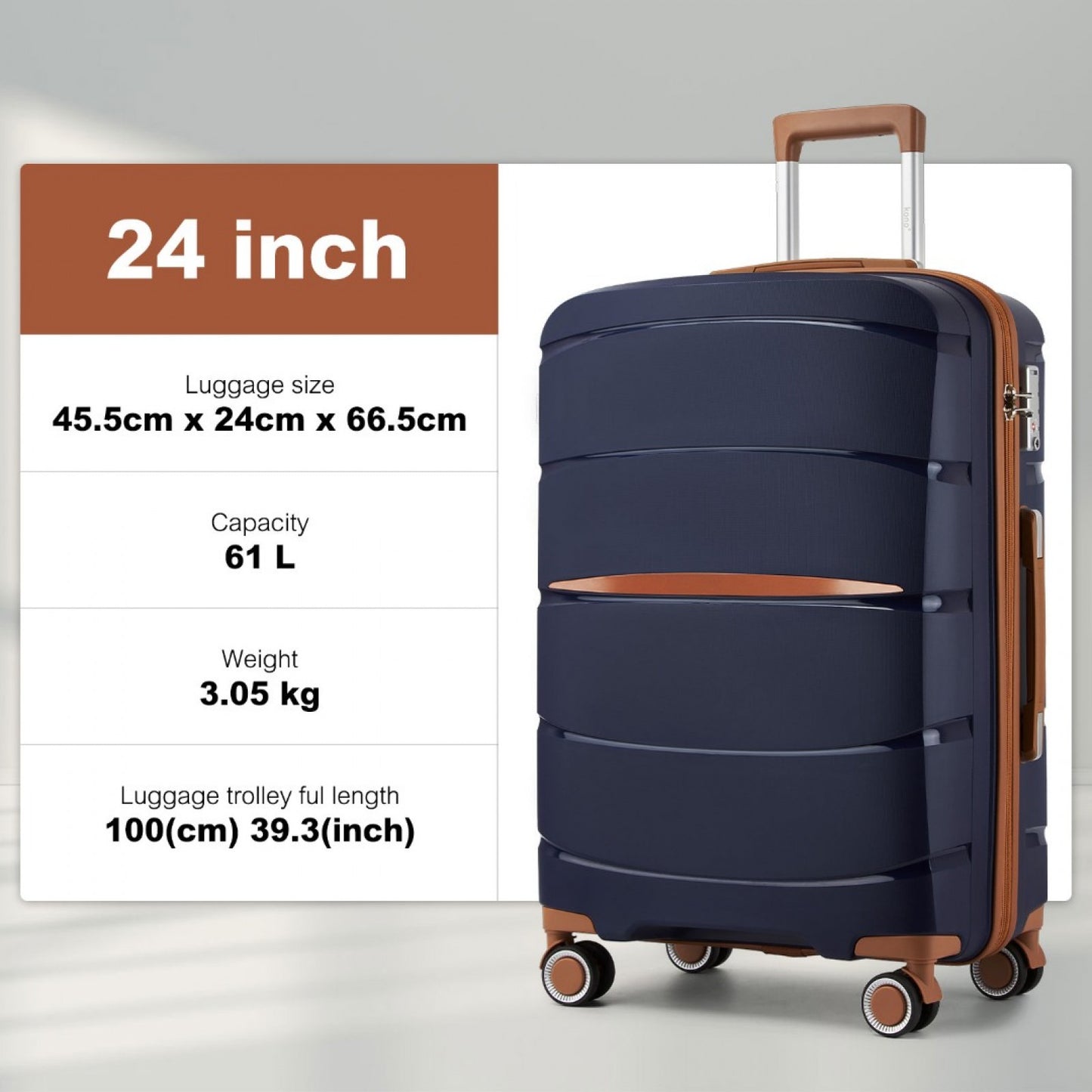 Kono PP Modern Scratch-Resistant Cabin Suitcase with TSA Lock & Stylish Brown Accents (KSK2591) - Navy & Brown