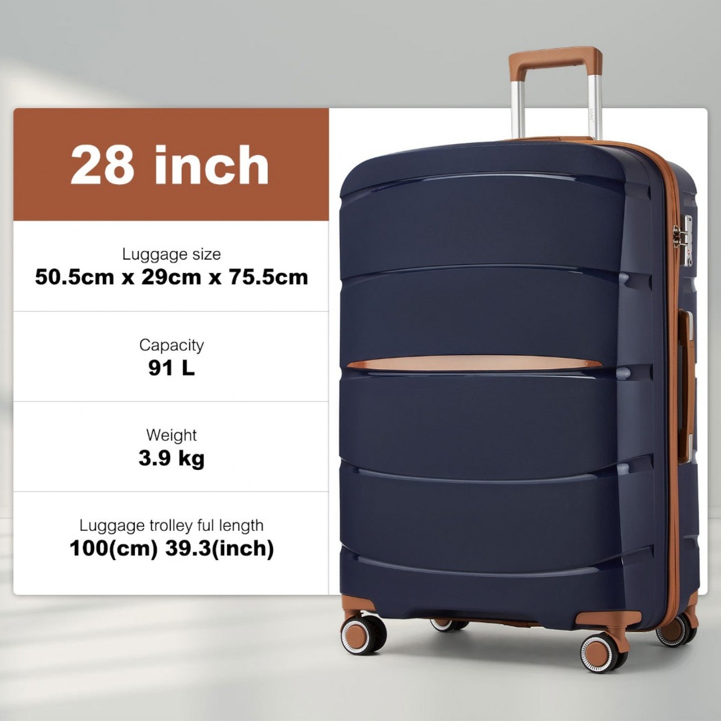 Kono PP Modern Scratch-Resistant Cabin Suitcase with TSA Lock & Stylish Brown Accents (KSK2591) - Navy & Brown