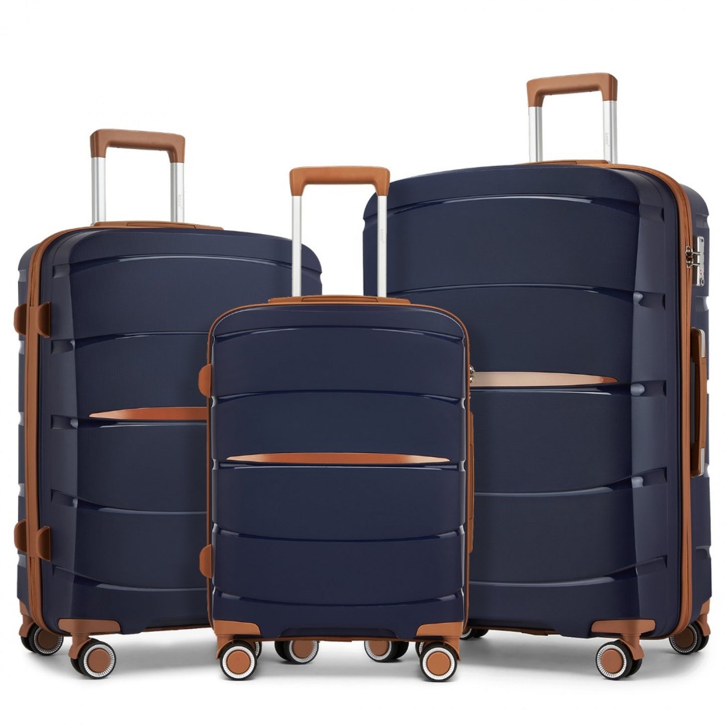 Kono 20/24/28 inch PP Modern Scratch-Resistant Suitcase Set with TSA Lock & Stylish Brown Accents (KSK2591) - Navy & Brown