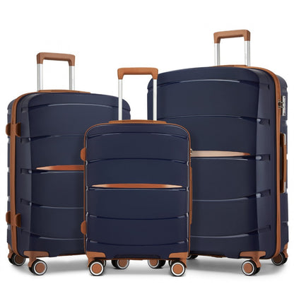 Kono 20/24/28 inch PP Modern Scratch-Resistant Suitcase Set with TSA Lock & Stylish Brown Accents (KSK2591) - Navy & Brown