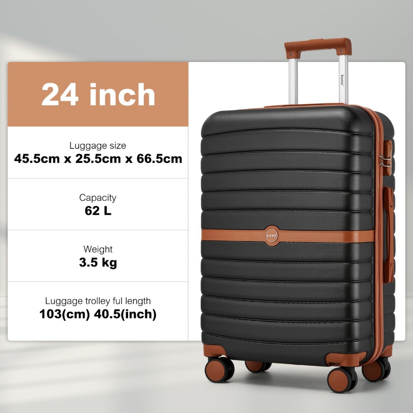 Kono ABS+PC Striped Design with Colour-Block Details Cabin Suitcase with Silent Spinner Wheels (KSK2592) - Black & Brown