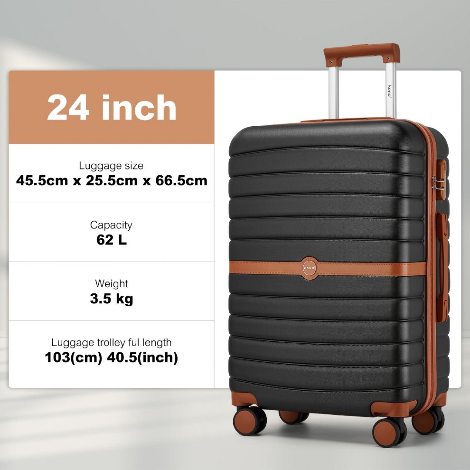 Kono ABS+PC Striped Design with Colour-Block Details Cabin Suitcase with Silent Spinner Wheels (KSK2592) - Black & Brown