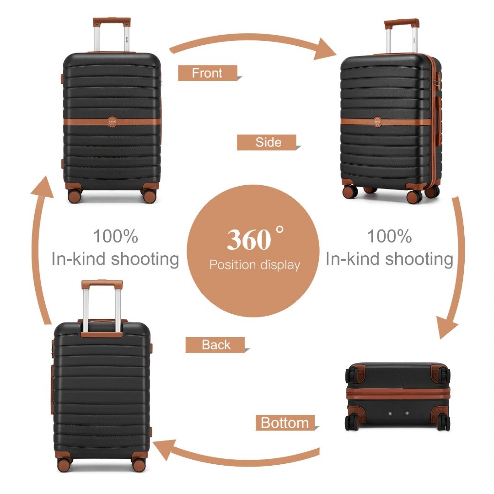 Kono ABS+PC Striped Design with Colour-Block Details Cabin Suitcase with Silent Spinner Wheels (KSK2592) - Black & Brown