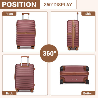 Kono ABS+PC Striped Design with Colour-Block Details Cabin Suitcase with Silent Spinner Wheels (KSK2592) - Burgundy & Brown