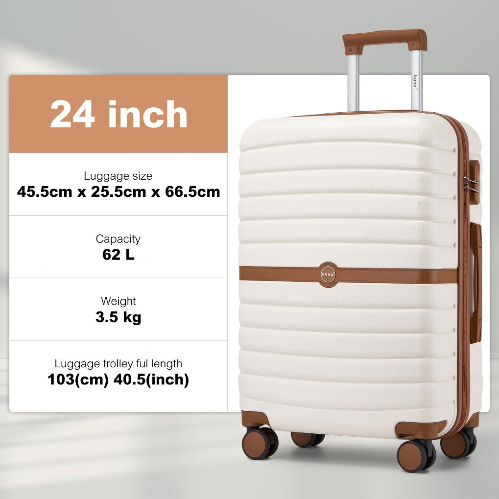 Kono ABS+PC Striped Design with Colour-Block Details Cabin Suitcase with Silent Spinner Wheels (KSK2592) - Cream & Brown