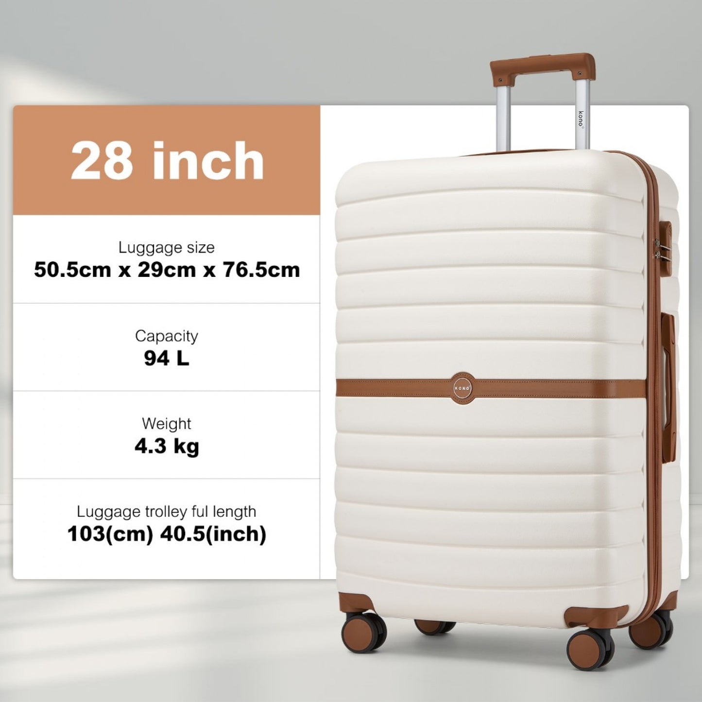 Kono ABS+PC Striped Design with Colour-Block Details Cabin Suitcase with Silent Spinner Wheels (KSK2592) - Cream & Brown