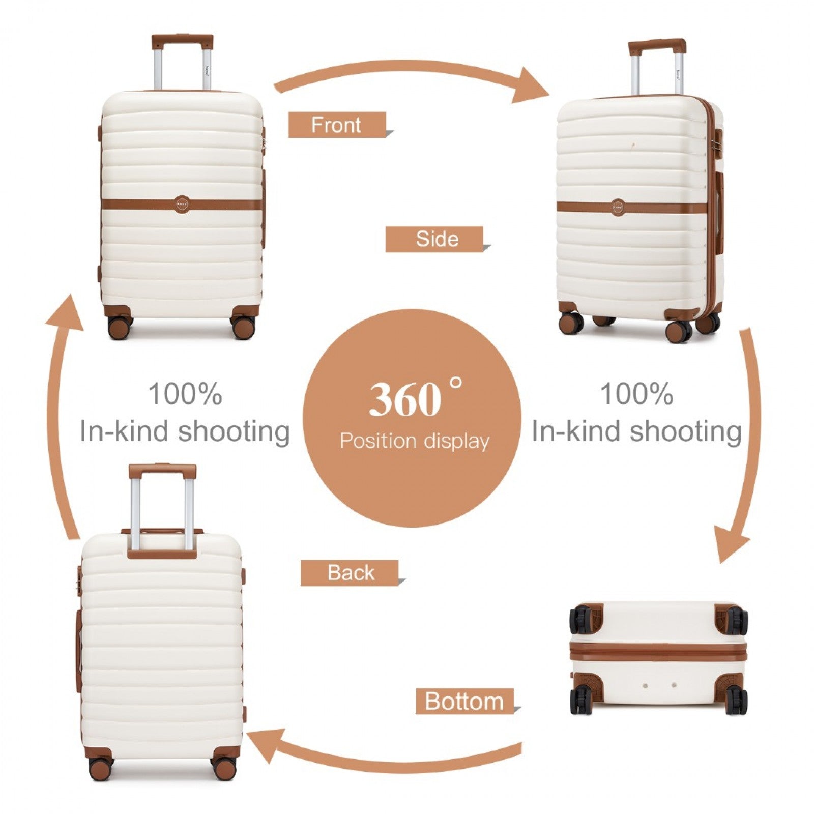 Kono ABS+PC Striped Design with Colour-Block Details Cabin Suitcase with Silent Spinner Wheels (KSK2592) - Cream & Brown