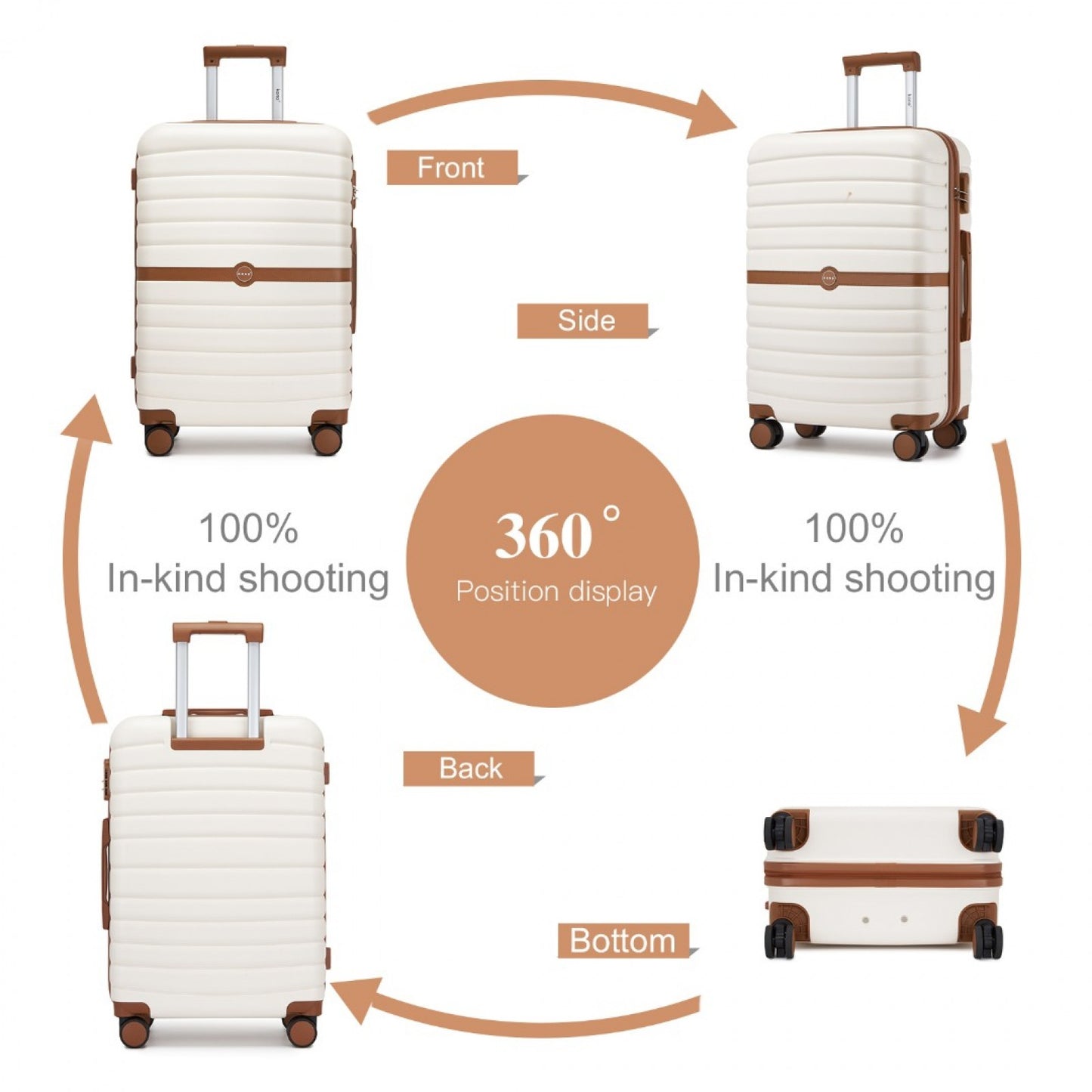 Kono ABS+PC Striped Design with Colour-Block Details 3-Piece Hardshell Luggage Set with Spinner Wheels (KSK2592) - Cream & Brown