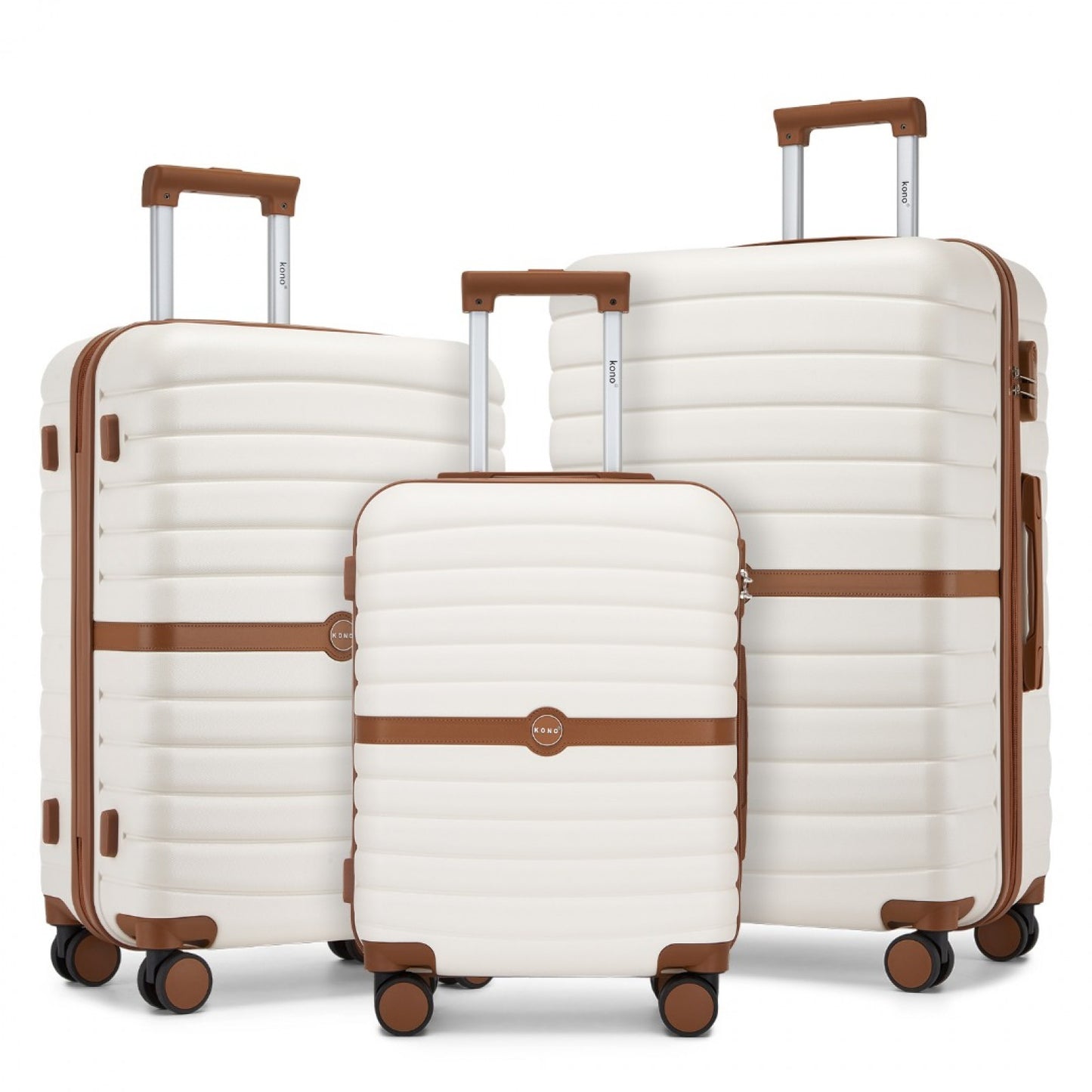 Kono ABS+PC Striped Design with Colour-Block Details 3-Piece Hardshell Luggage Set with Spinner Wheels (KSK2592) - Cream & Brown