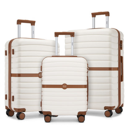 Kono ABS+PC Striped Design with Colour-Block Details 3-Piece Hardshell Luggage Set with Spinner Wheels (KSK2592) - Cream & Brown