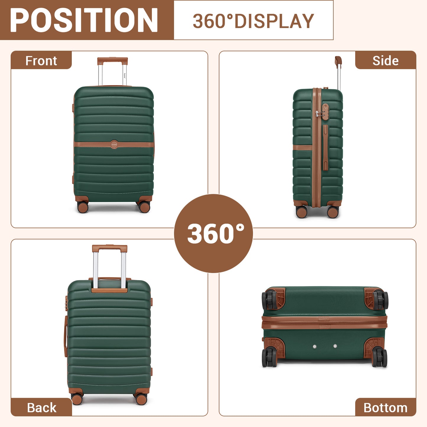 Kono ABS+PC Striped Design with Colour-Block Details Cabin Suitcase with Silent Spinner Wheels (KSK2592) - Dark Green & Brown